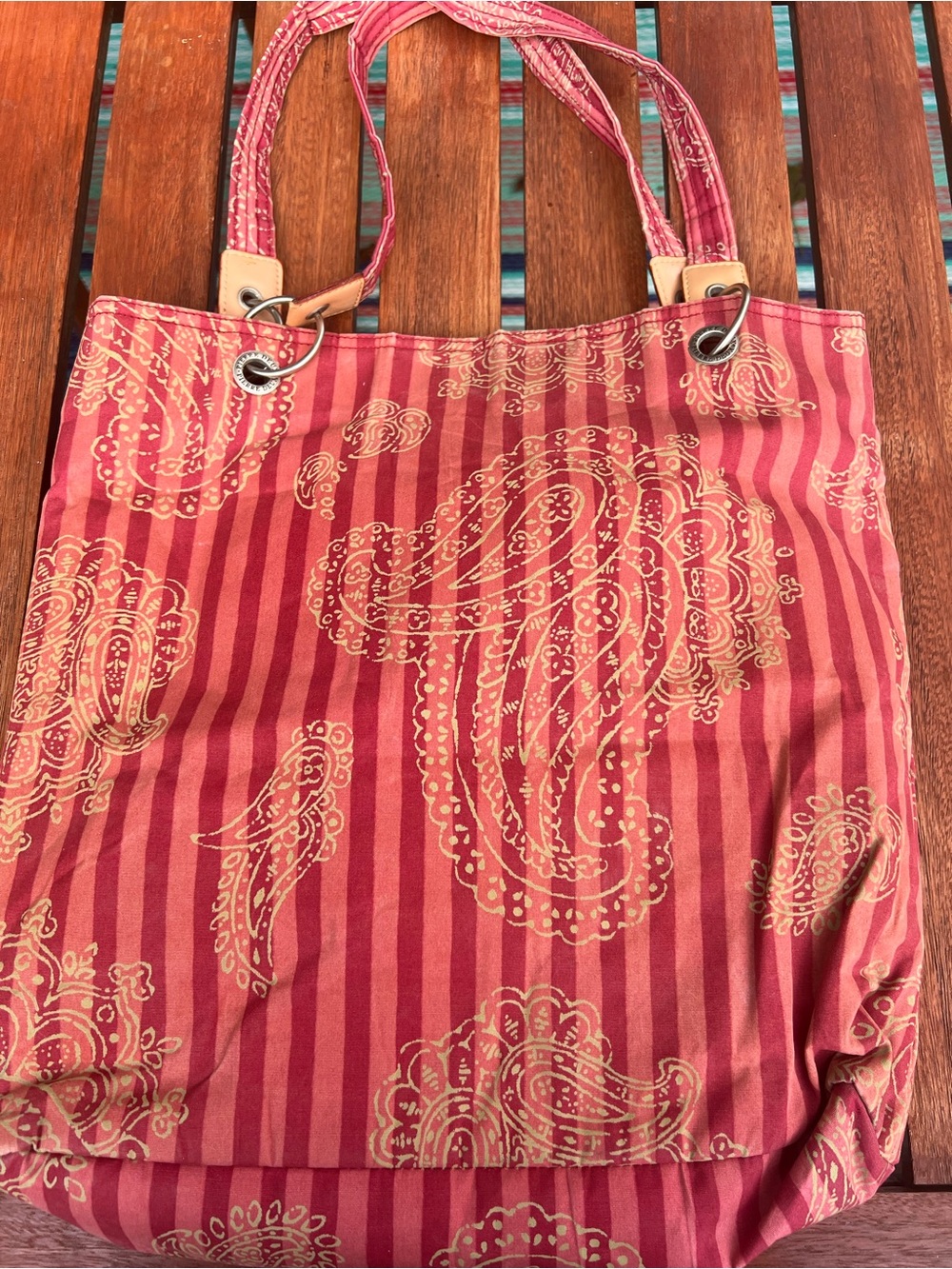 Vtg Pierre deux large tote paisley/stripe coral